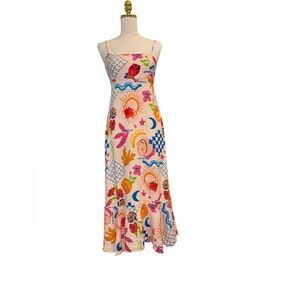 Paper Heart Anthropologie Maxi Dress S Multicolor Graphic Print Tie Back